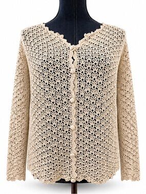 Kate Hill Petite Crochet Cardigan Linen Rayon Beige Boho Open Knit Med Sweater